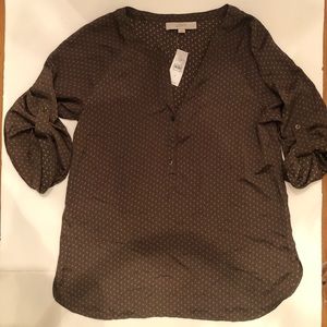 Loft blouse - olive green/brown w blue/grey design